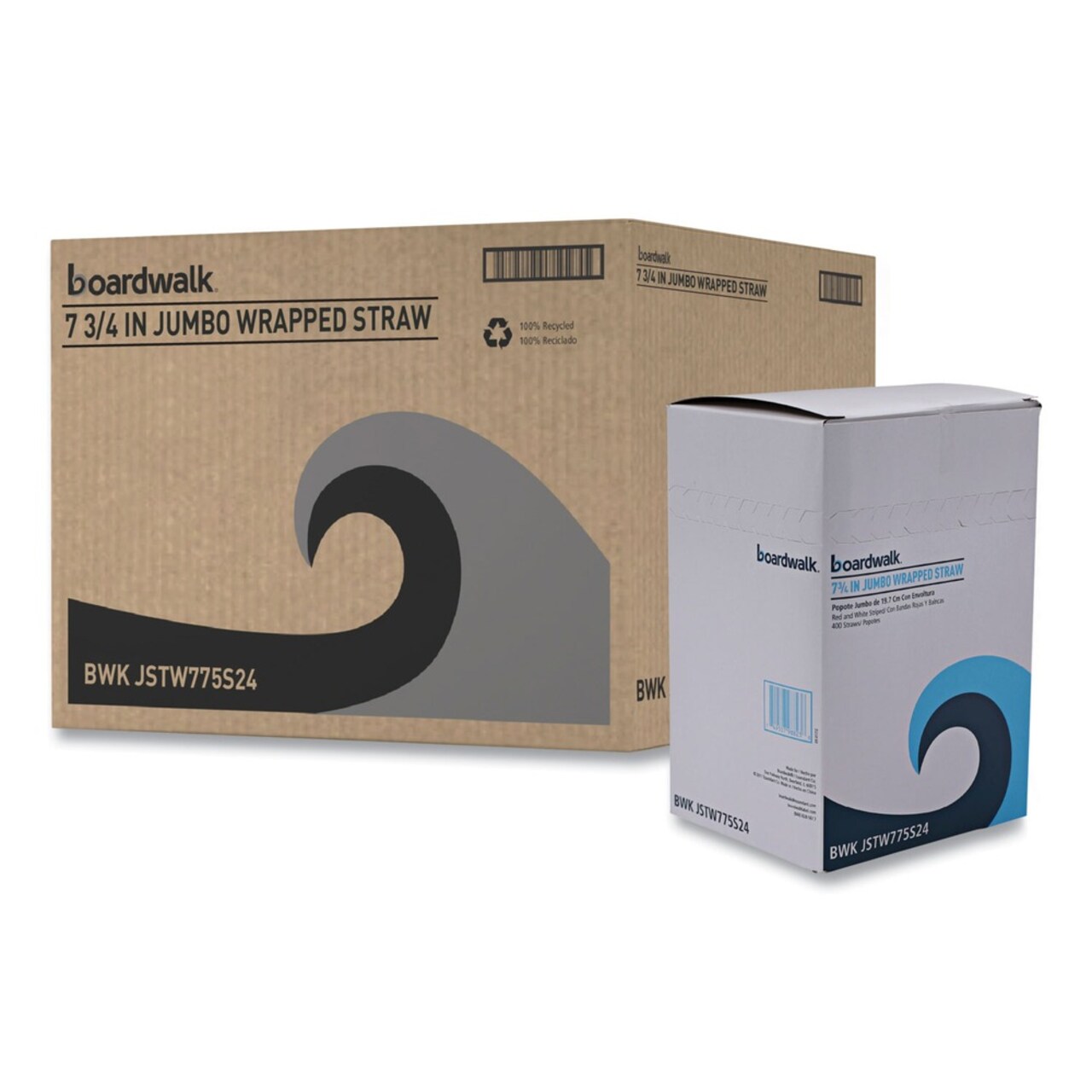 Boardwalk 7.75 in. Wrapped Jumbo Plastic Straws - White/Red Stripe (400/Pack, 25 Packs/Carton)